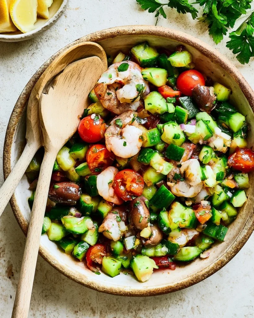 Ensalada de camarones mediterránea con ingredientes frescos y sabrosos.