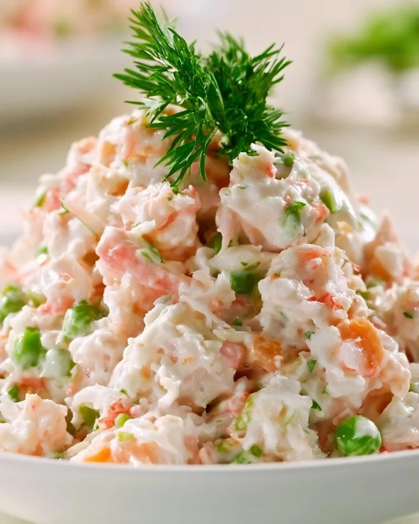 Ensalada de cangrejo rusa fresca servida en un plato colorido