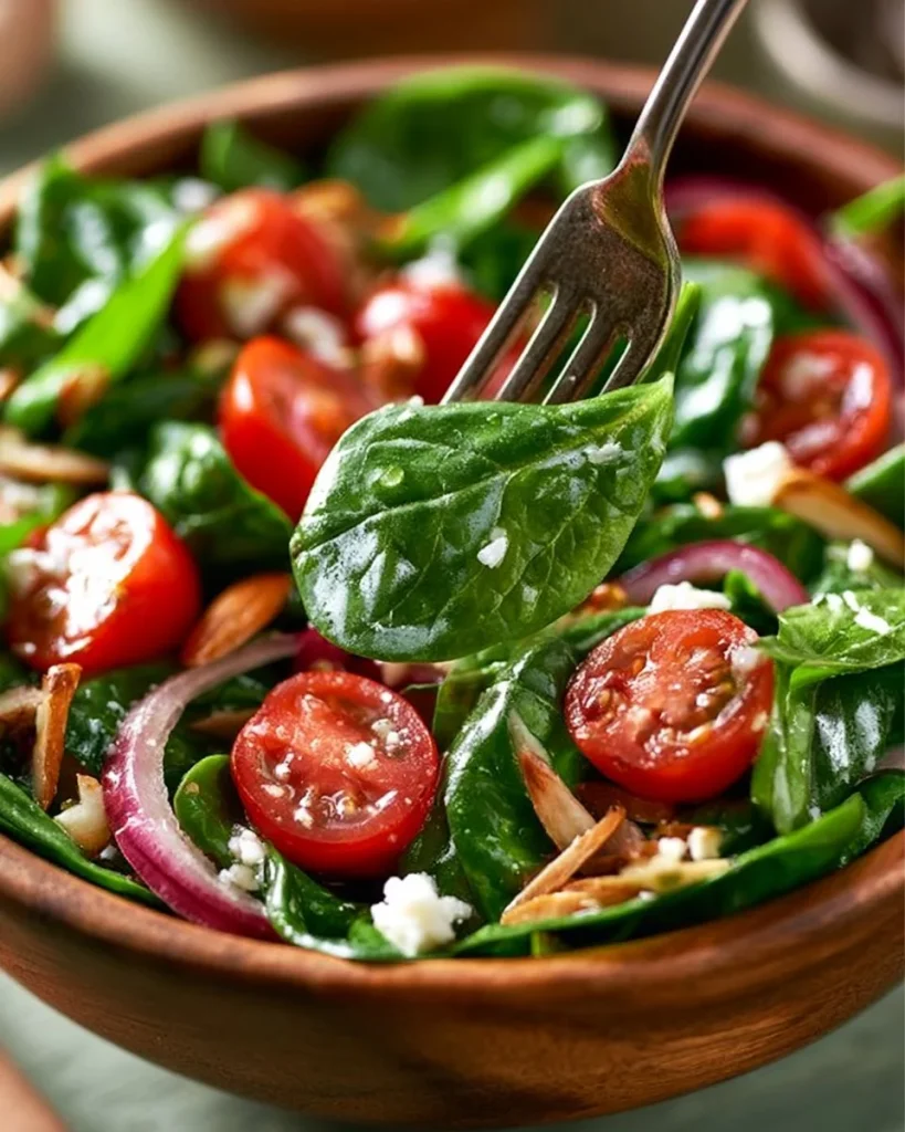 Ensalada de espinacas frescas con vinagreta simple en un plato decorativo.