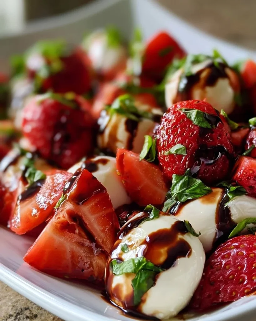 Ensalada de fresas y mozzarella en un plato decorativo.