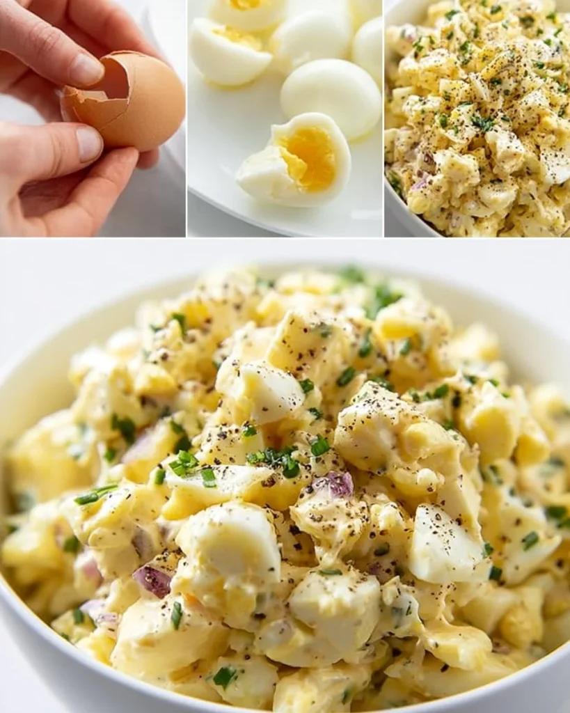 Ensalada de huevos frescos con vegetales y aliños saludables.