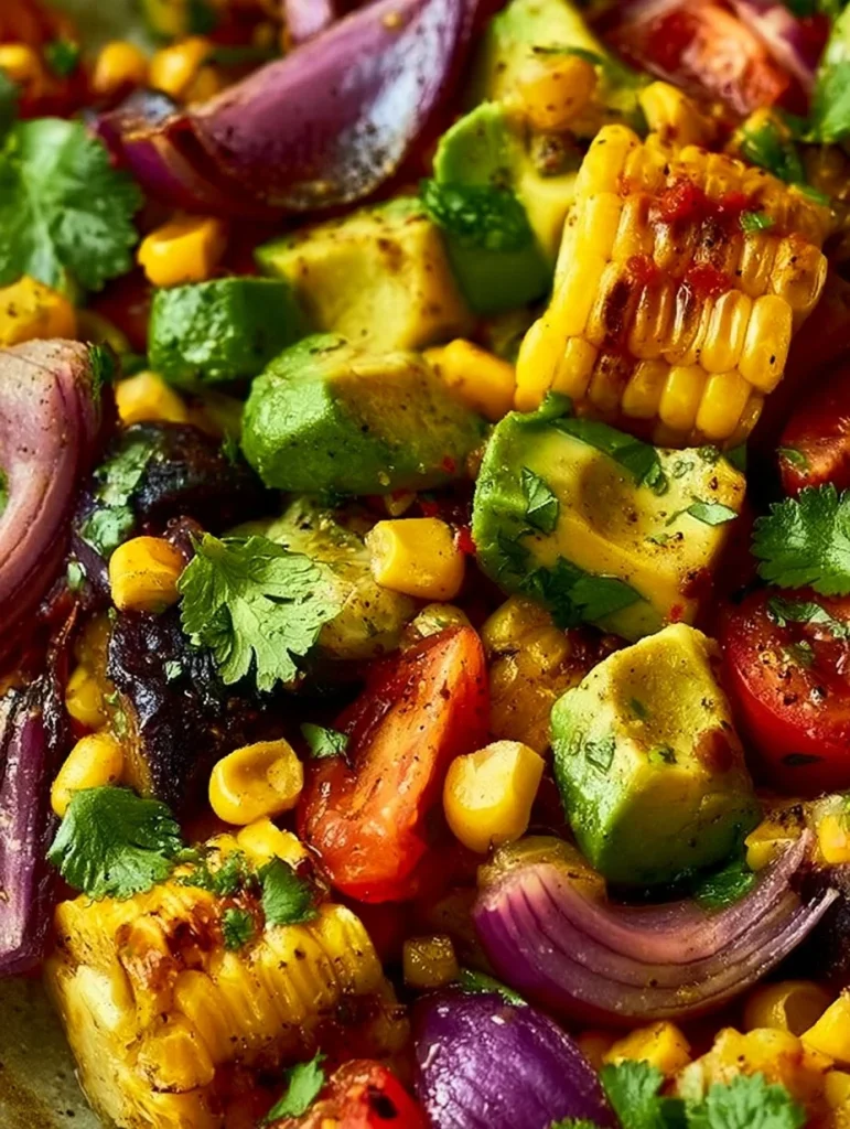 Ensalada de maíz asado con aguacate y cebollas rojas asadas en un plato.