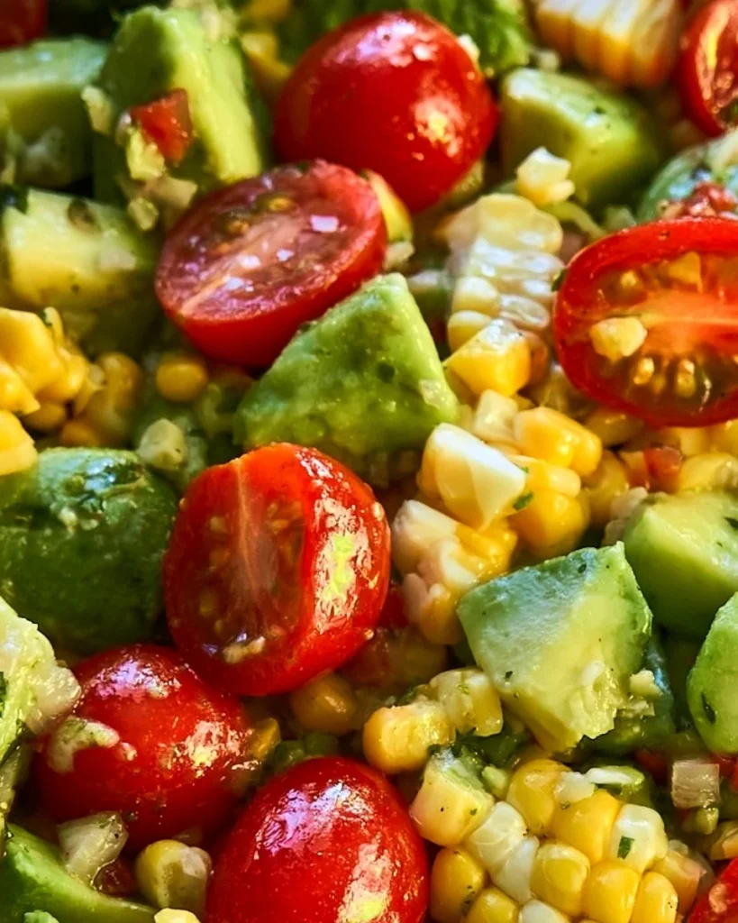 Ensalada de maíz, tomate y aguacate fresca y colorida.