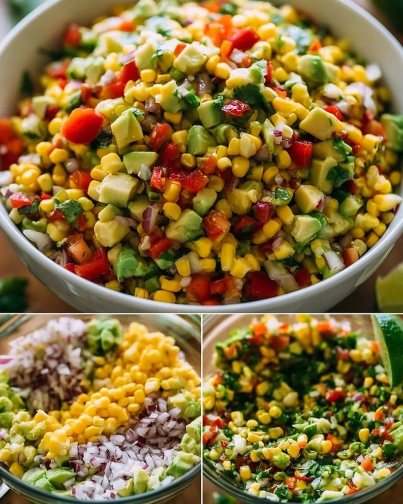 Ensalada de maíz y aguacate fresca y simple en un plato.