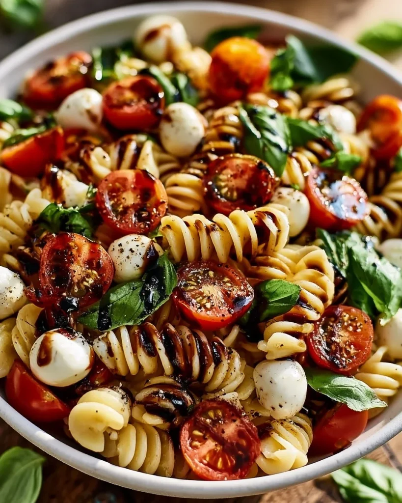 Ensalada de pasta Caprese con glaseado balsámico, rápida y deliciosa.