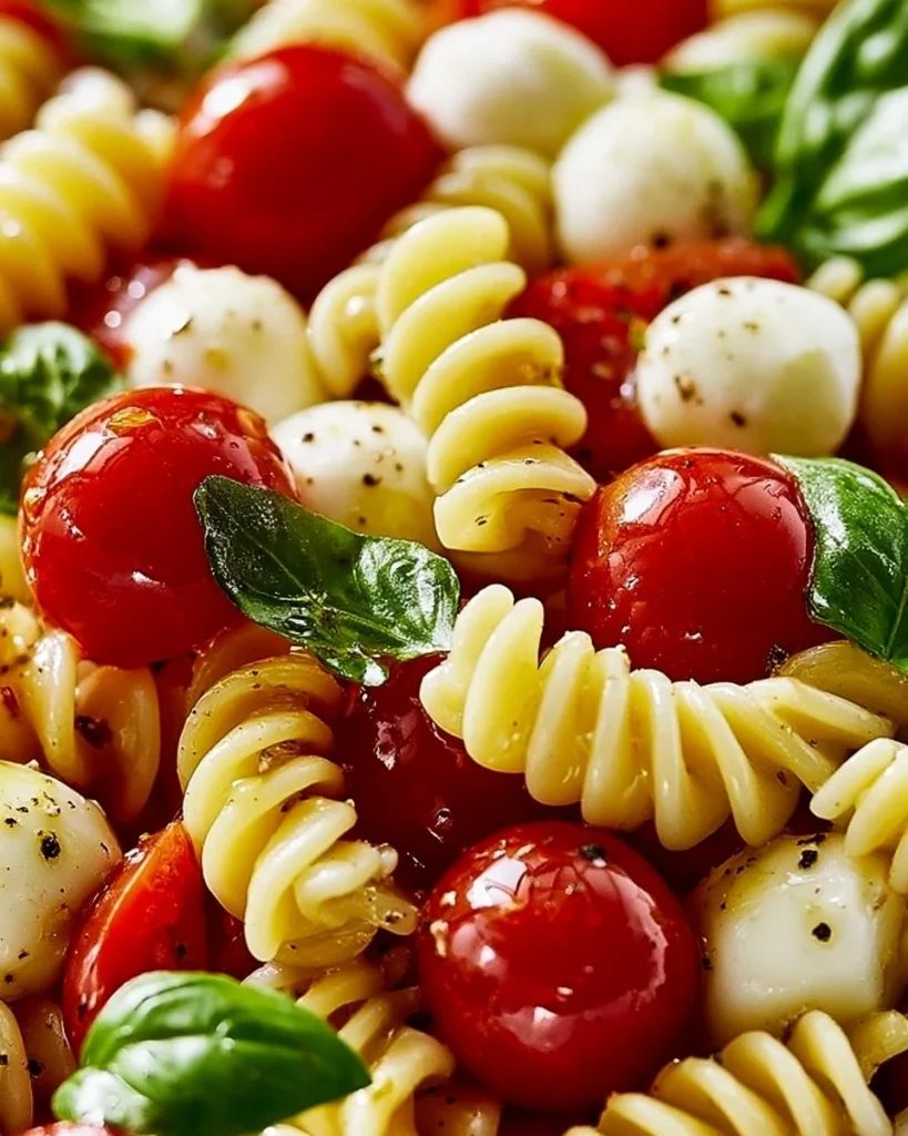 Ensalada de Pasta Caprese Cremosa con tomate y albahaca