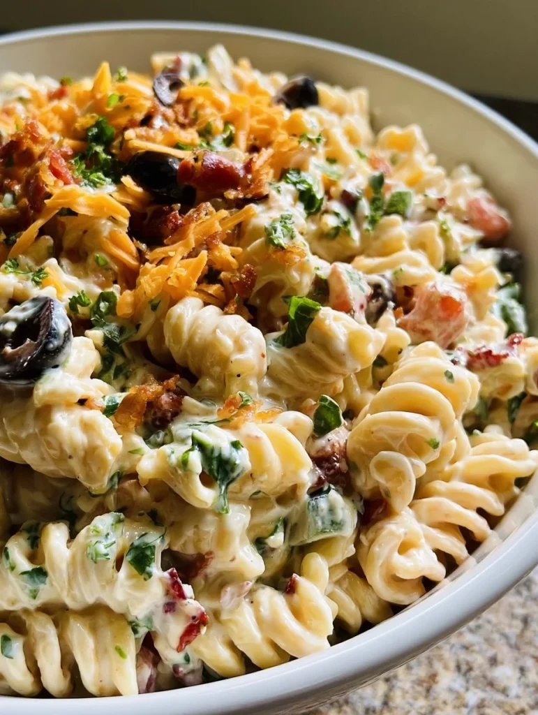 Ensalada de pasta con bacon y aderezo ranch en un plato