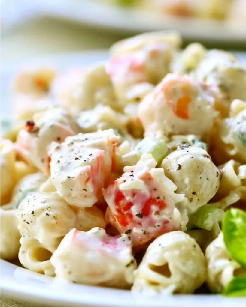 Ensalada de pasta con cangrejo servida en un plato colorido