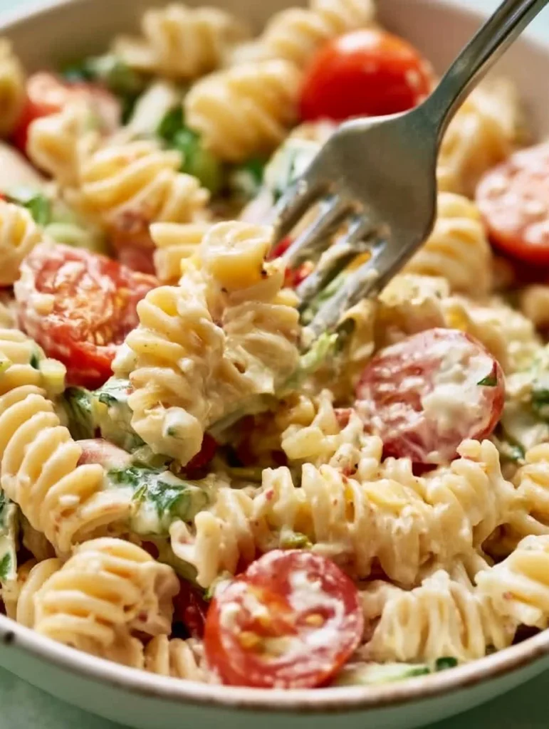 Ensalada de pasta italiana cremosa con ingredientes frescos y coloridos