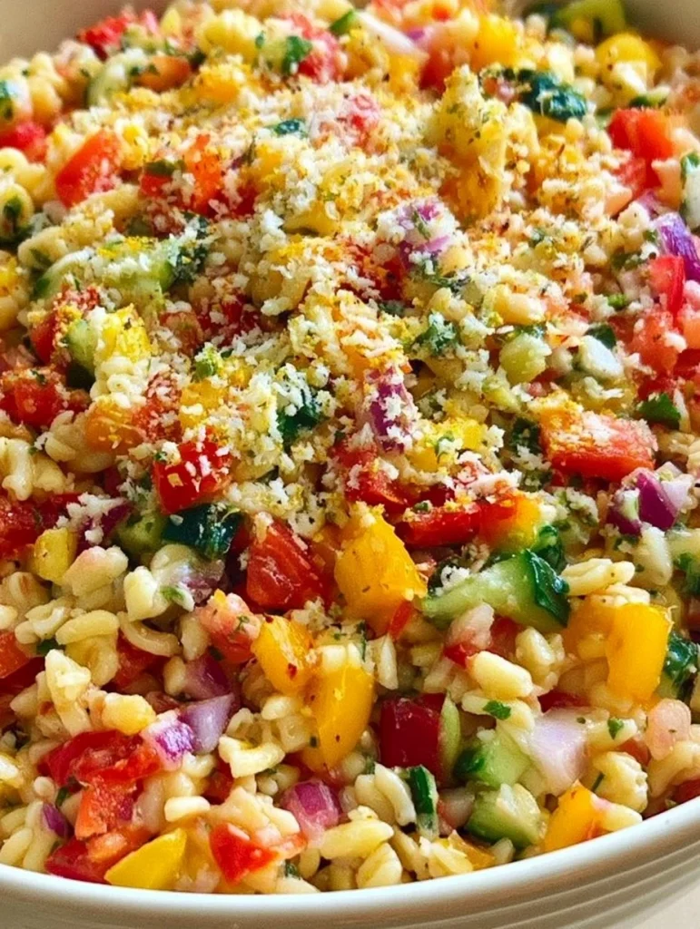 Ensalada de pasta orzo de verano con verduras frescas y aderezo ligero
