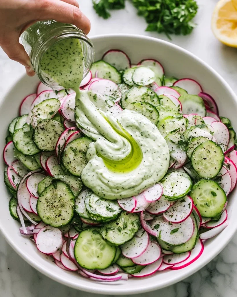 Ensalada de pepino diosa verde con rábano y cebolla fresca y colorida