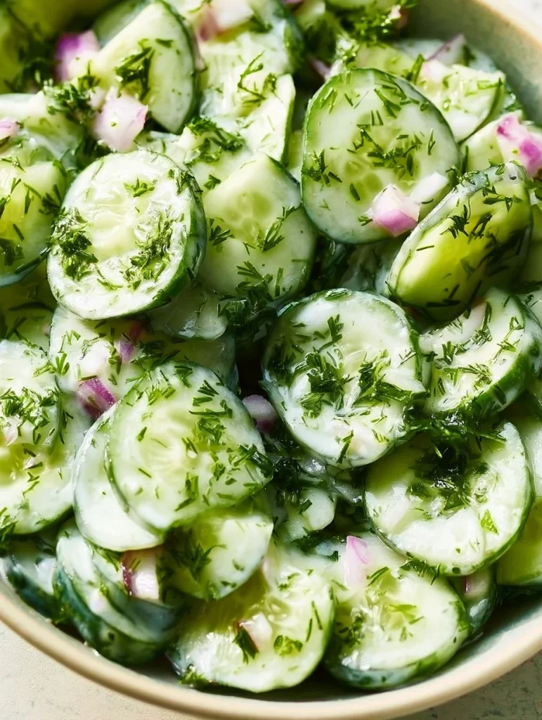 Ensalada de pepino y eneldo en un plato colorido y fresco
