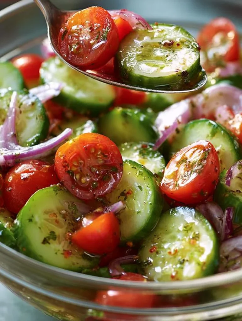Ensalada de pepino y tomate fresca y colorida en un plato.