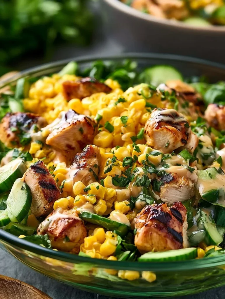 Ensalada de pollo con maíz callejero y pepino cremoso, receta saludable