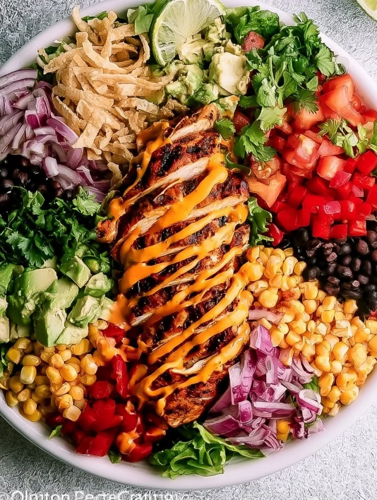 Ensalada de pollo suroeste con aguacate en un plato colorido.
