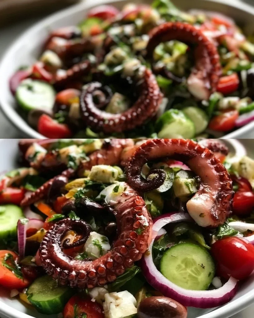Ensalada de pulpo con vegetales frescos y aderezo especial