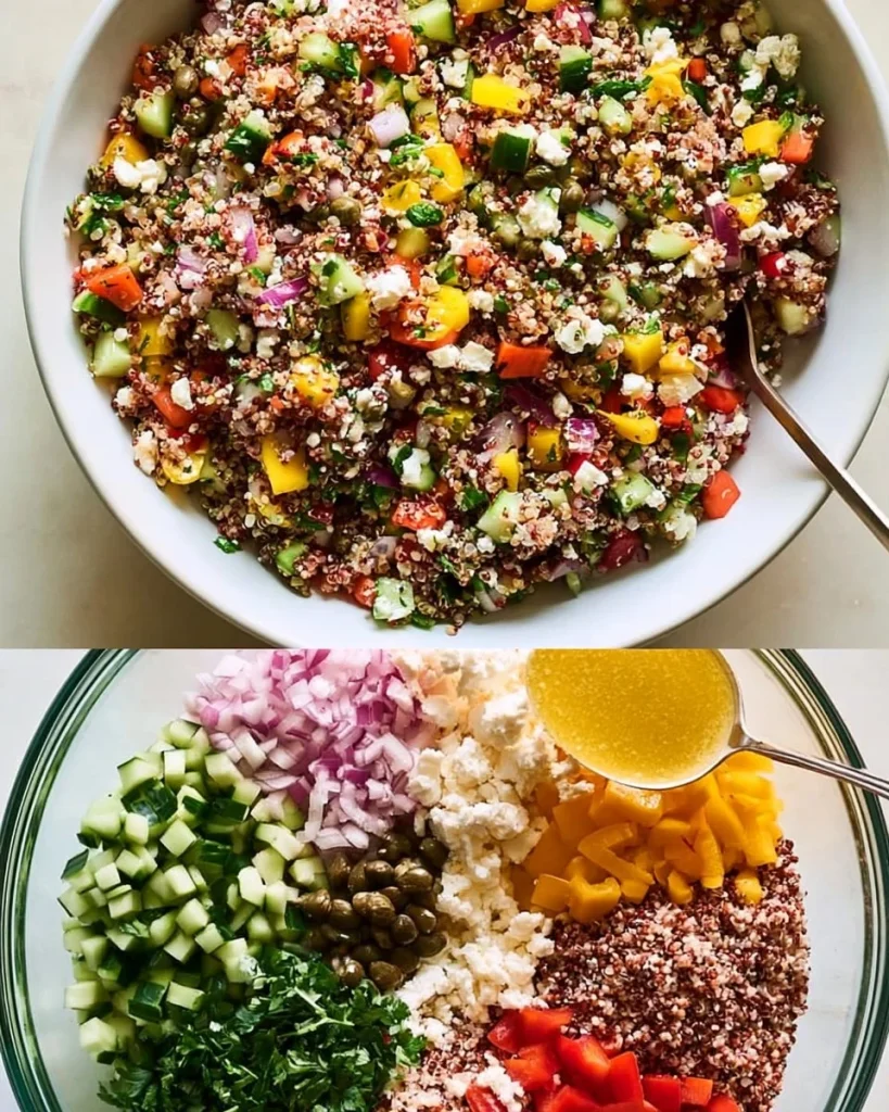 Ensalada de quinoa mediterránea fresca y colorida con verduras