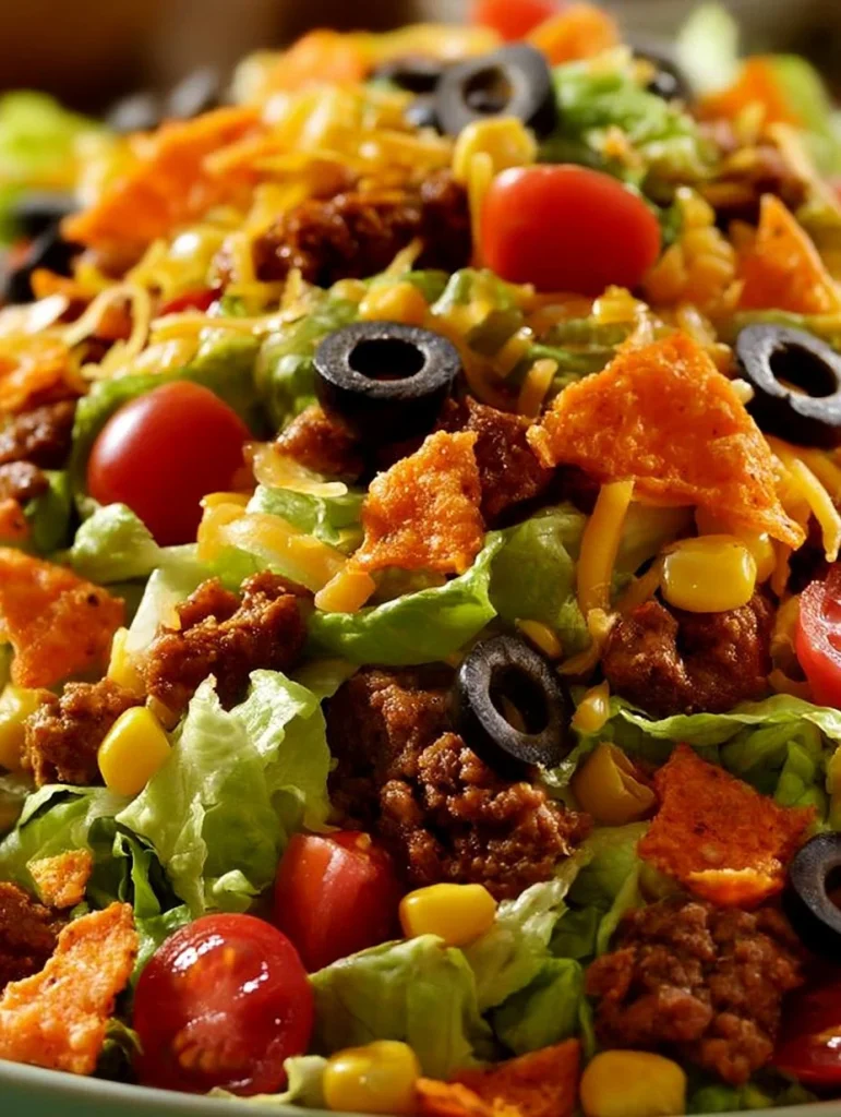 Ensalada de taco con Doritos en un plato colorido y sabroso.