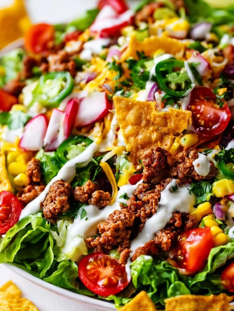 Ensalada de taco de carne molida con ingredientes frescos y coloridos