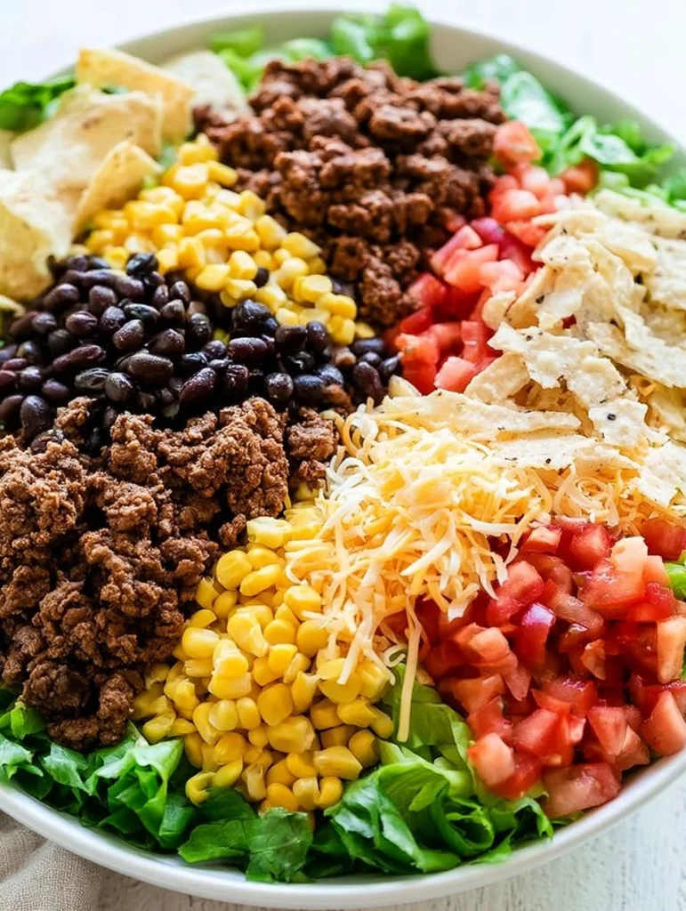 Ensalada fresca de tacos de carne molida con vegetales y salsas