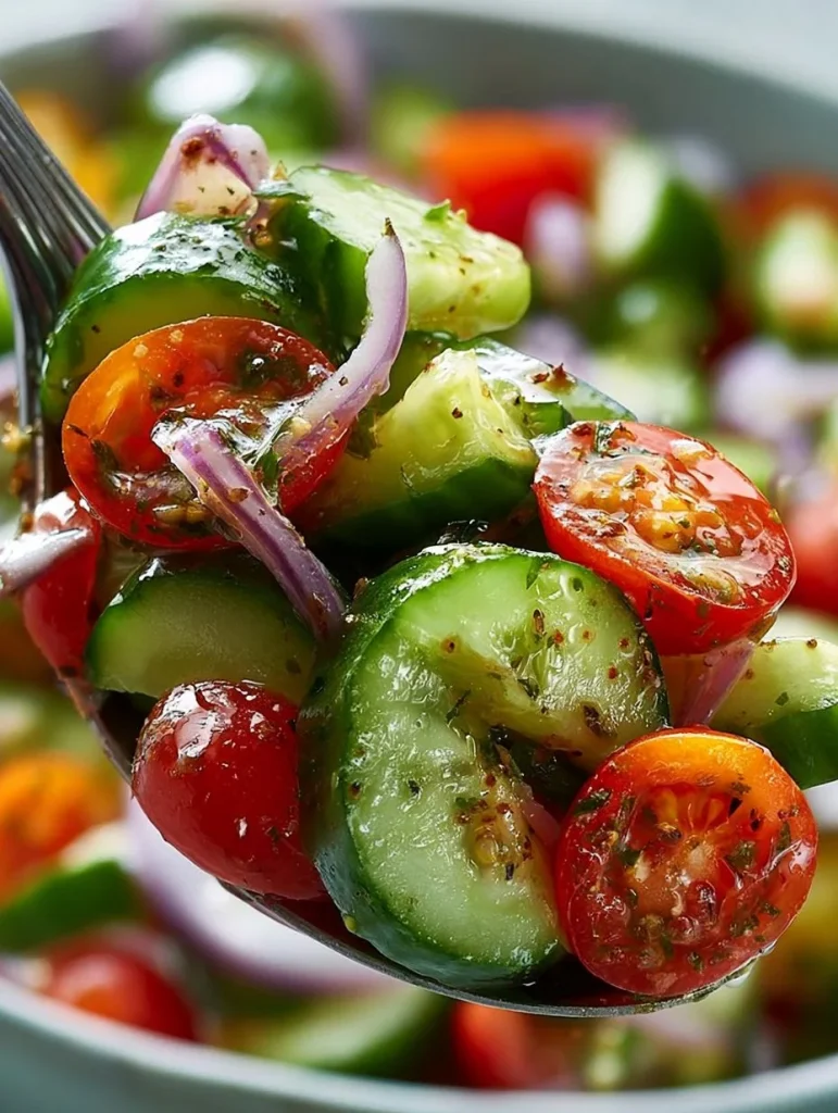Ensalada fresca de tomate y pepino en un plato blanco