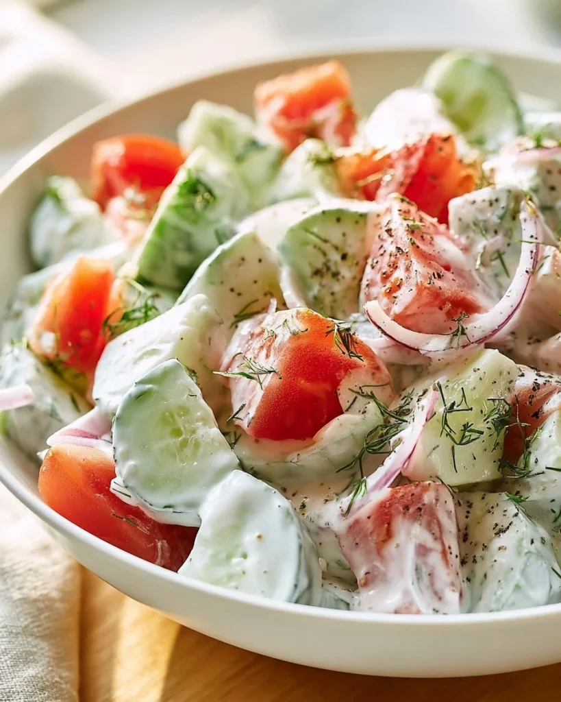 Ensalada de pepino y tomate cremosa en un plato blanco