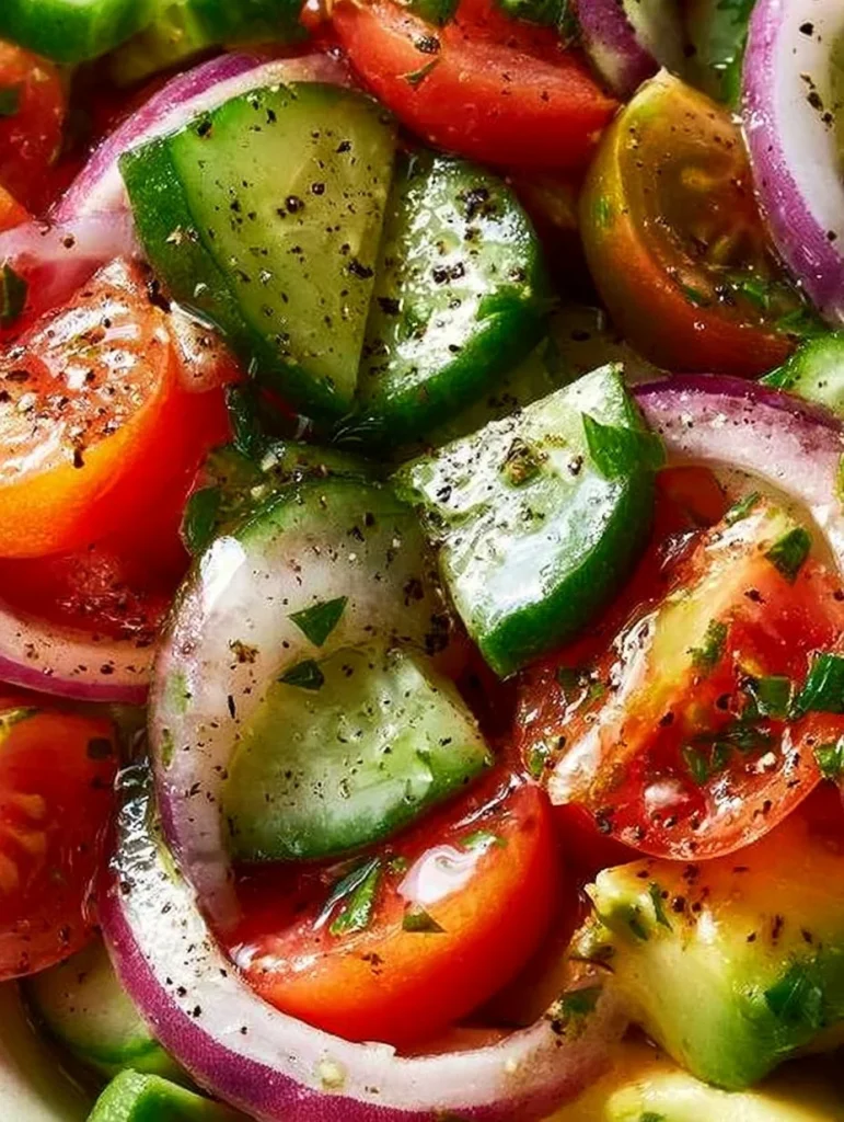 Ensalada fresca de pepino, cebolla y tomate marinados con sabor agrio