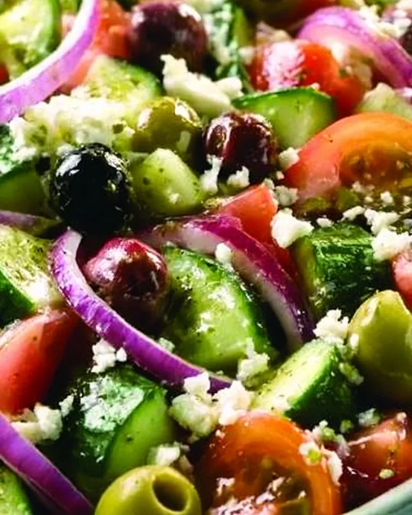 Ensalada griega fresca con tomate, pepino, aceitunas y queso feta