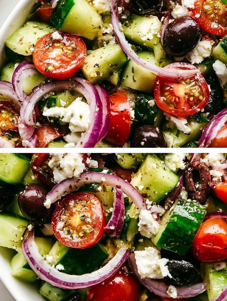 Plato de ensalada griega auténtica con tomate, pepino, feta y aceitunas.