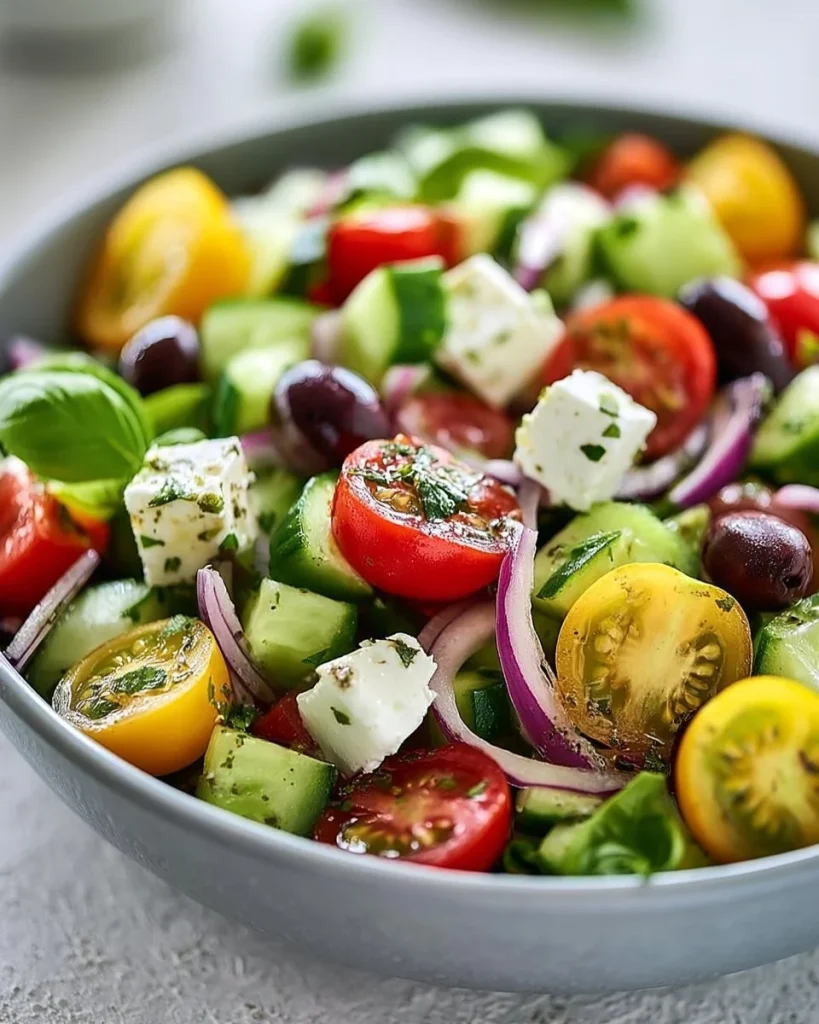 Imagen de una ensalada griega clásica con tomates, pepinos y feta