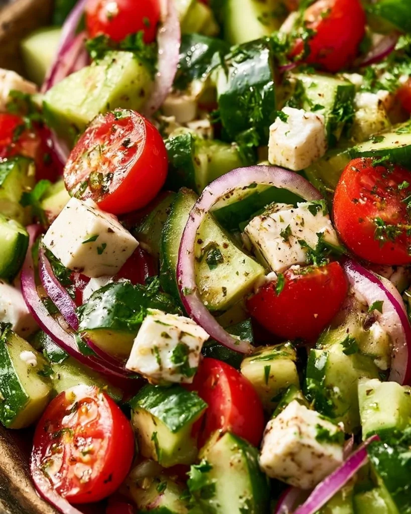 Ensalada griega de pepino con ingredientes frescos y coloridos