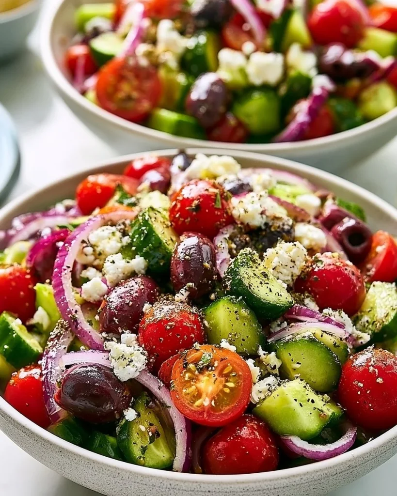 Ensalada griega fresca con tomate, pepino y aceitunas