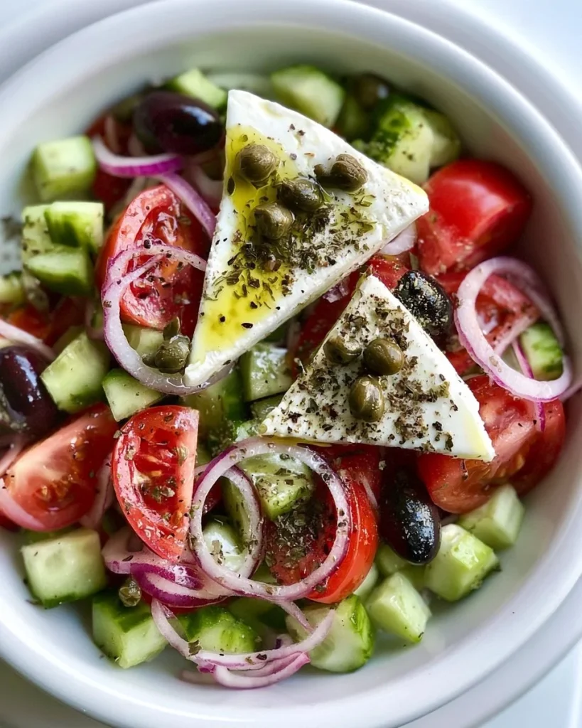 Ensalada Horiatiki tradicional griega con tomates, pepinos y queso feta