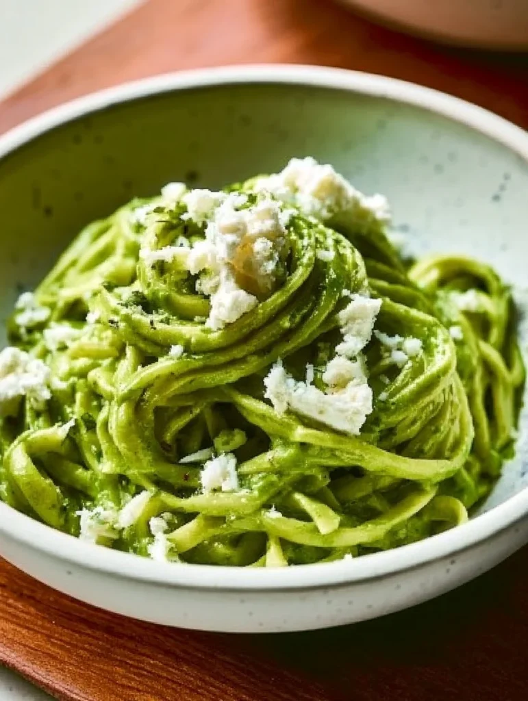 Plato de Espagueti Verde Cremoso Mexicano servido en un tazón