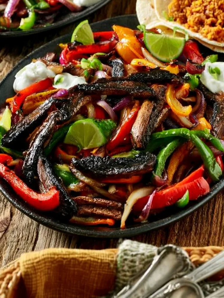 Fajitas de portobello veganas servidas con verduras frescas y tortillas