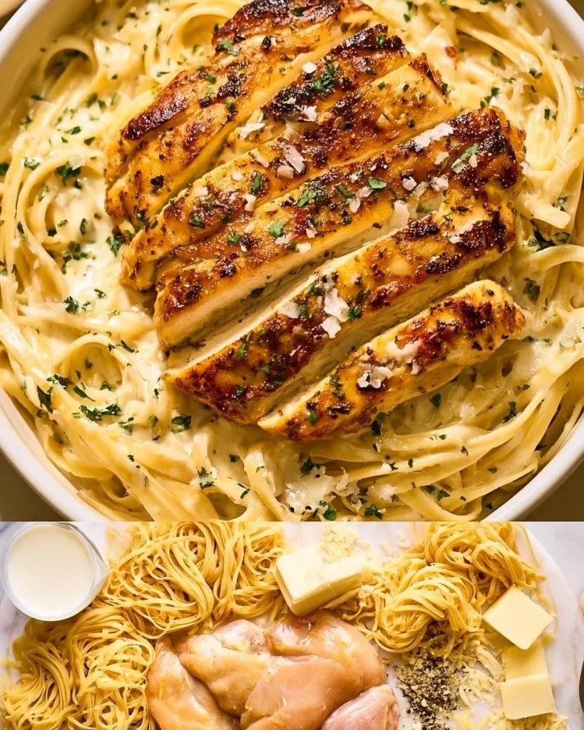 Tazón de Fettuccine Alfredo con Pollo, en una mesa lista para servir.