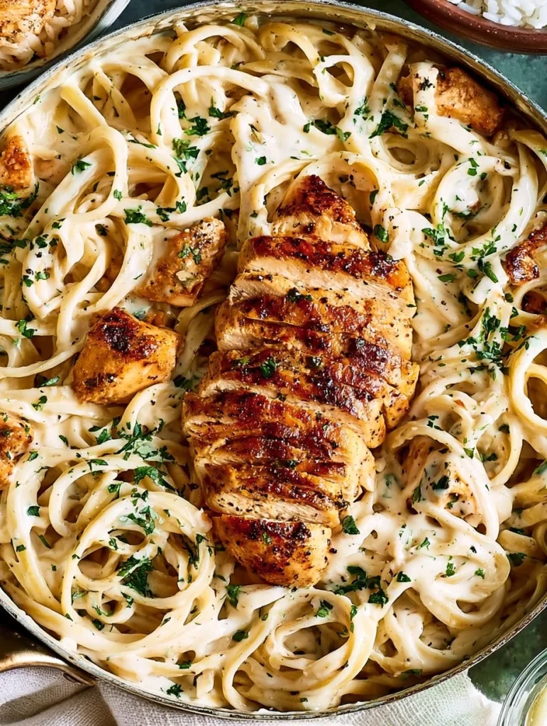 Fettuccine Alfredo con pollo casero en un plato, decorado con perejil.