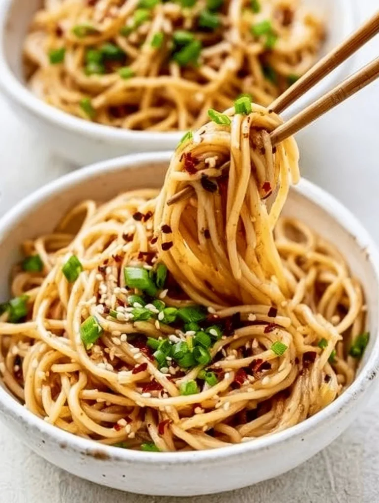 Fideos de sésamo al ajo servidos en un plato con ingredientes frescos
