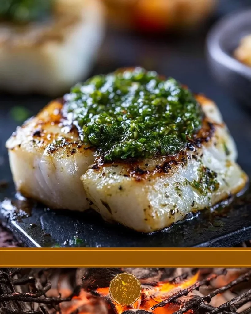 Filete de bacalao a la parrilla con salsa chimichurri sobre un plato