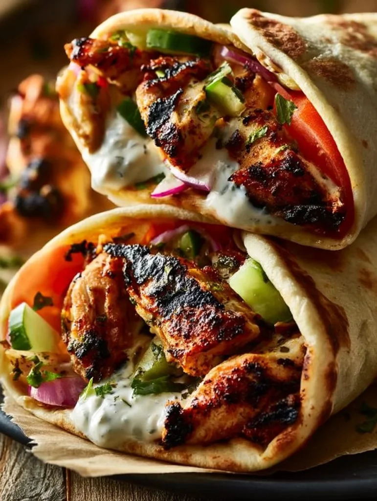 Plato de auténticos Gyros de Pollo, servido con verduras frescas y salsa tzatziki.