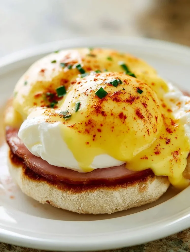 Plato de Huevos Benedictinos con huevos poché, jamón y salsa holandesa