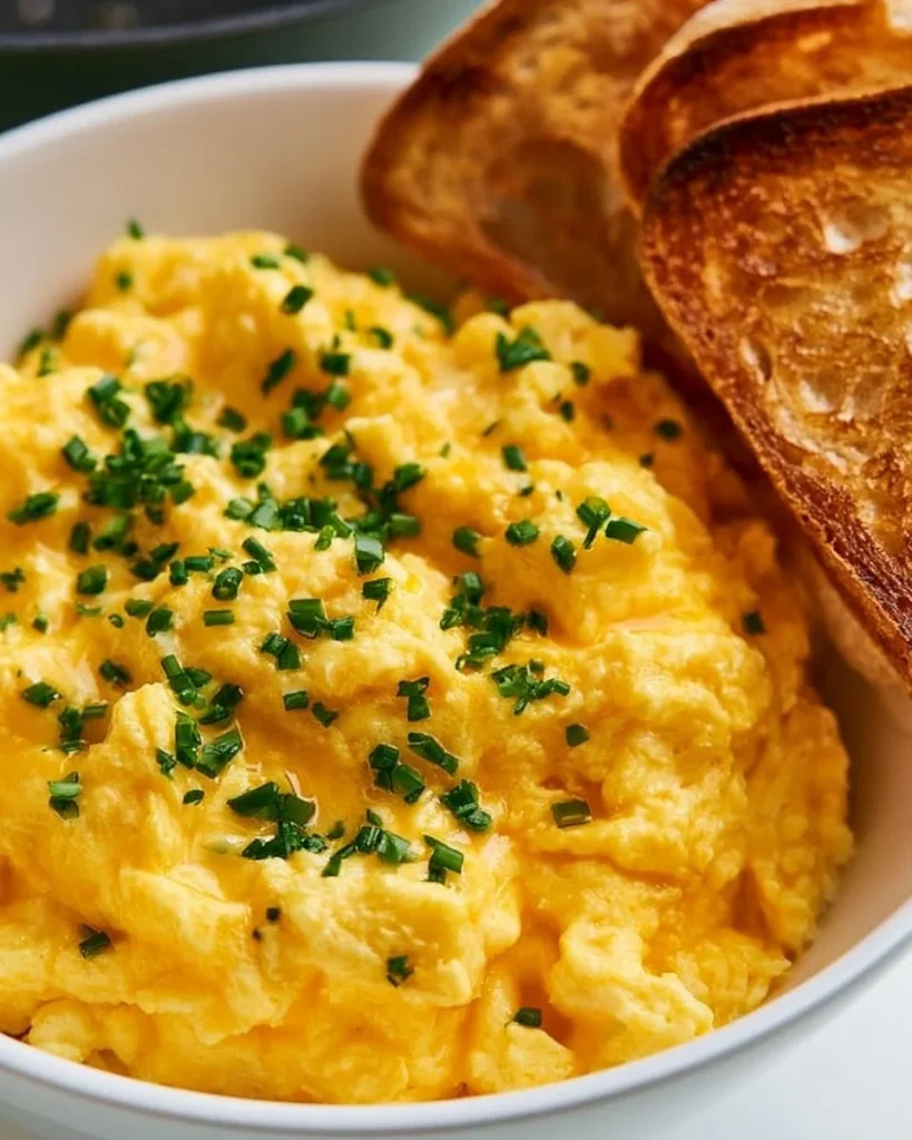 Huevos revueltos esponjosos con queso en un plato