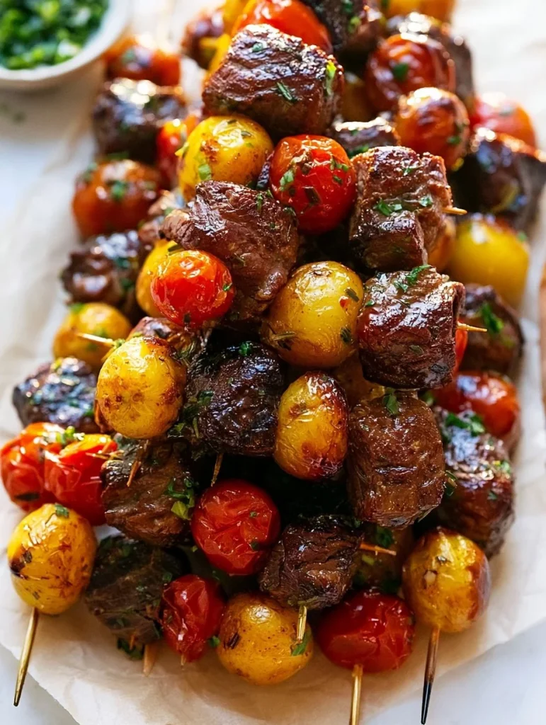 Kebabs de carne marinados con ajo y romero listos para asar