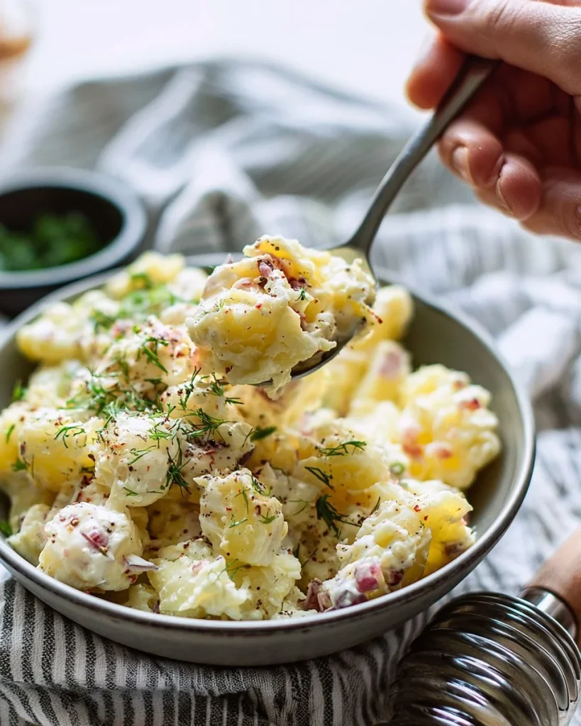 Ensalada de papa cremosa con ingredientes frescos y presentación colorida
