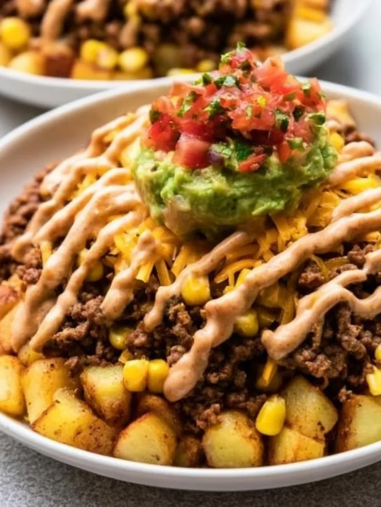 Tazón de tacos de papa cargado, ideal para cenas fáciles y satisfactorias.
