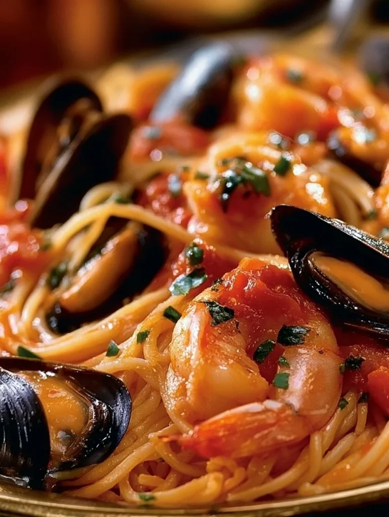 Plato de pasta de mariscos deliciosa y casera, mejor que en restaurante.