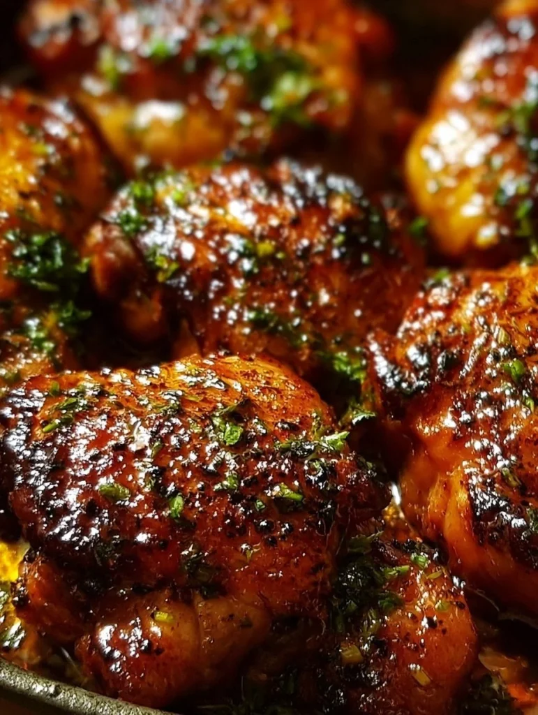 Muslos de pollo al horno crujientes y dorados, listos para servir.