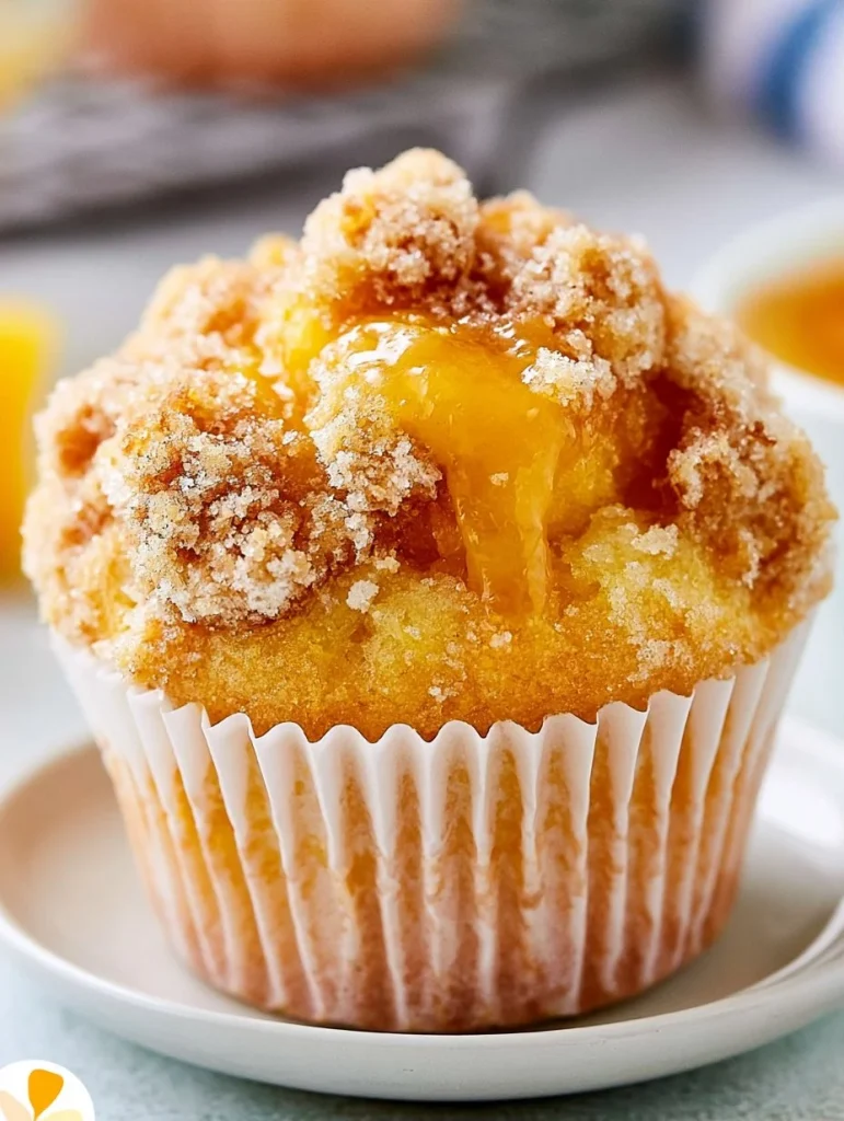 Muffins de durazno caseros recién horneados con fruta fresca.