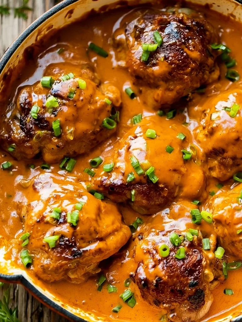 Muslos de pollo bang bang cocinados en sartén, listos para servir.