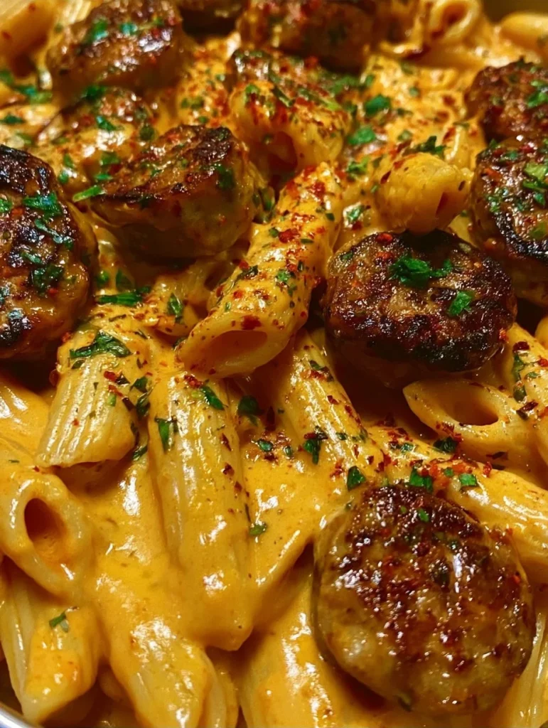 Pasta con Salchichas al Ajillo Cajún Cremoso y Ahumado en un plato atractivo.